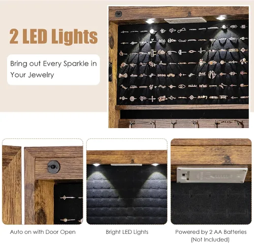 Miniatura 21 de Giantex Armario de joyería para puerta de pared con espejo de longitud completa, 2 LED con cerradura grande organizador de joyas con espejo ancho