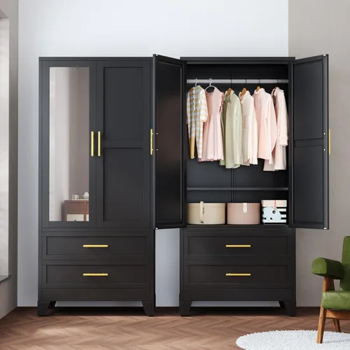 Miniatura 16 de Ckzbx Armario Ropero de Metal de 71" de Alto con Espejo, Estantes Ajustables, Barra para Secar Ropa, Gabinete Ropero de Acero para Dormitorio (Negro)
