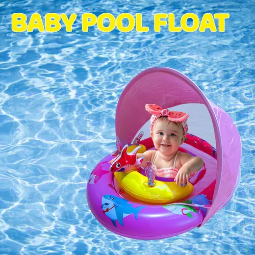 Miniatura 2 de Flotador de piscina para bebé con toldo UPF50+ y consola de juego de juguete oceánico, asiento de seguridad ajustable, flotador de natación para Rosa