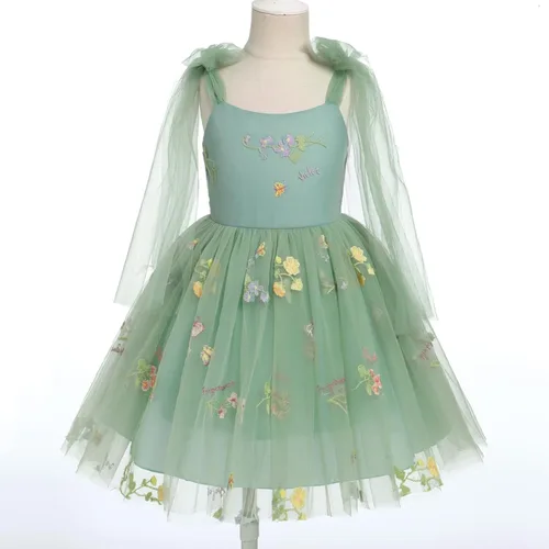 Miniatura 4 de Vestido de tul de encaje con floal para niña de flores, vestido de princesa sin espalda para boda, dama de honor, concurso de comunión, vestido maxi