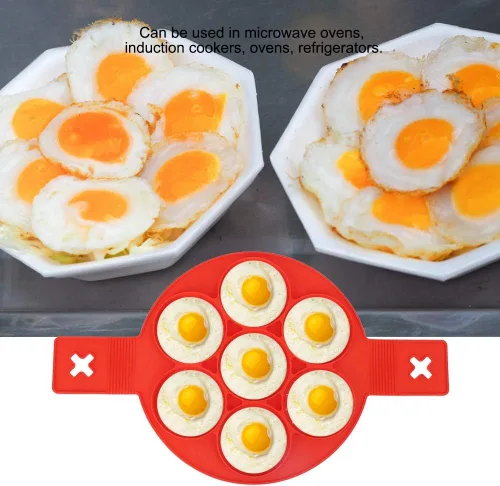 Miniatura 2 de Oumefar 2 moldes para panqueques de silicona roja para freír huevos con 7 agujeros de forma redonda, herramienta de cocina antiadherente
