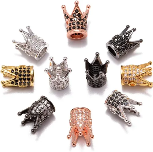 Miniatura 12 de AD Beads Corona de diamantes de imitación de circonita con agujero grande, cuentas espaciadoras (10 unidades, corona transparente sobre oro