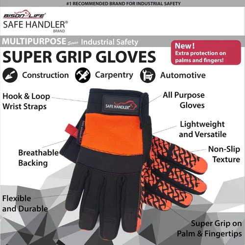 Miniatura 7 de SAFE HANDLER Guantes Super Grip Palma de agarre texturizada, textura antideslizante, correa de muñeca con gancho y bucle, negro/naranja, S/M, 1