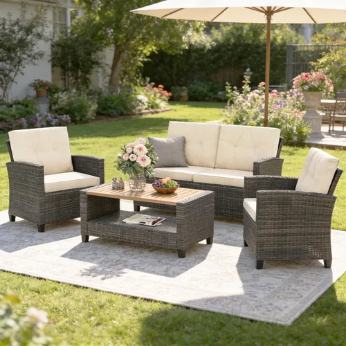 Wisteria Lane Juego de muebles de patio de 4 piezas, juego de muebles de mimbre para conversación de patio al aire libre, sofá de patio al aire
