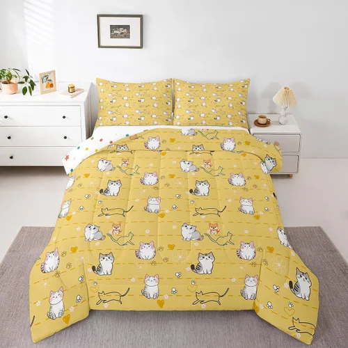 Miniatura 44 de Erosebridal Lindo juego de edredón de gato, tamaño individual, kawaii, fresa, juego de ropa de cama para niñas, diseño de arco iris, edredón rosa