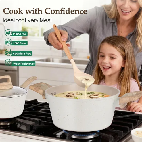Miniatura 7 de M MELENTA Juego de ollas y sartenes antiadherentes, juego de utensilios de cocina de cerámica no tóxica, 11 piezas de utensilios de cocina de Crema