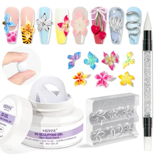 Miniatura 10 de MIZHSE Gel 3D de 1.06 oz para arte de uñas, gel transparente para esculpir uñas UV LED Soak Off Gel con lápiz de arte de uñas, diseño de uñas