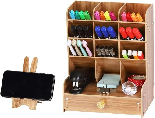 Miniatura 5 de Hggzeg Organizador de escritorio de madera, multifuncional, soporte para bolígrafos, caja de almacenamiento estacionario de escritorio