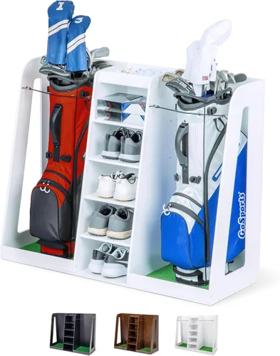 Miniatura 7 de GoSports Organizador de bolsas de golf de madera prémium y estante de almacenamiento, capacidad para 2 bolsas de golf, acabado negro, blanco o marrón