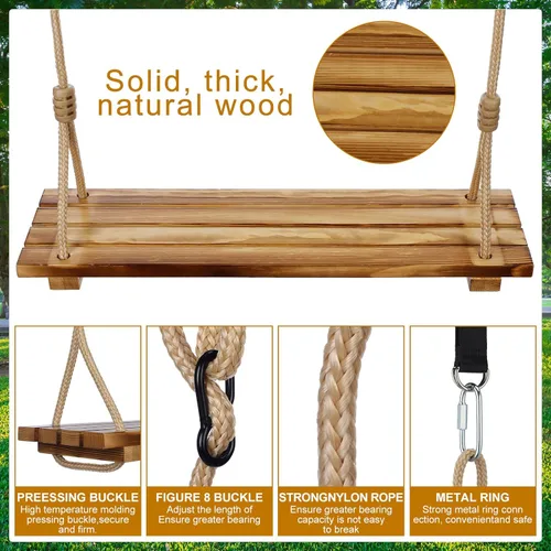 Miniatura 3 de Hollowfly 2 Piezas Asiento de Columpio de Madera Carbonizada Colgante Columpio de Árbol de Madera con Cuerda Ajustable Anticorrosivo Impermeable