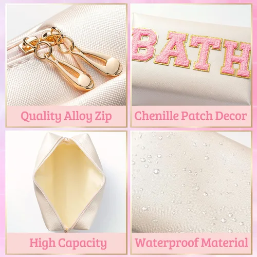 Miniatura 4 de Y1tvei Preppy Patch BATH Letter - Neceser de cuero PU para cosméticos, bolsa de maquillaje portátil cosida con parches de letras universitarias
