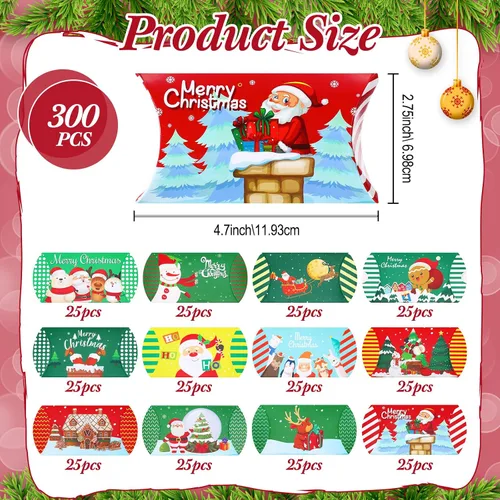 Miniatura 2 de Cholemy 120 cajas de almohada de Navidad, cajas de regalo pequeñas, tarjetas de regalo de Navidad, a granel, 12 diseños, cajas de dulces de Navidad