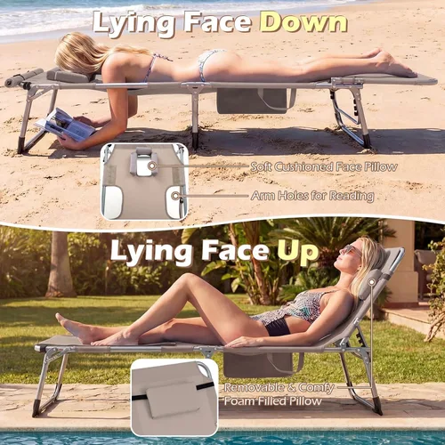 Miniatura 4 de Goplus Silla de bronceado con agujeros para brazos faciales, silla portátil para tomar el sol con respaldo de 4 niveles y almohada para la cabeza