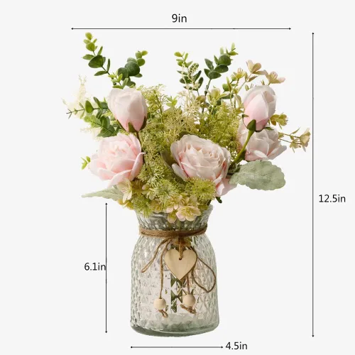 Miniatura 3 de YJ Flores falsas con jarrón, flores artificiales de seda ramo de flores en jarrón, arreglos florales sintéticos, decoración de mesa de granja, Rosa