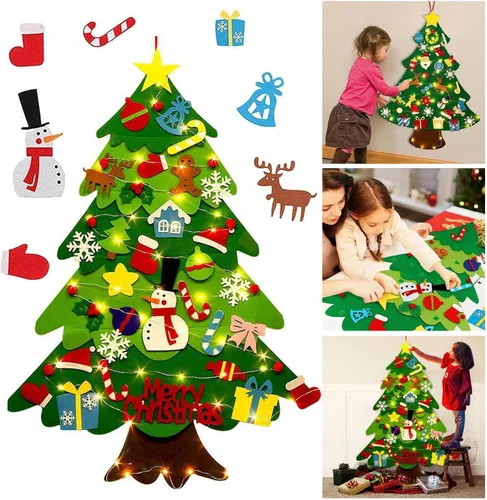 Juego de árbol de Navidad de fieltro para bricolaje, 32 piezas de adornos para colgar en la pared con luz LED, se puede reutilizar el árbol de A-9.8