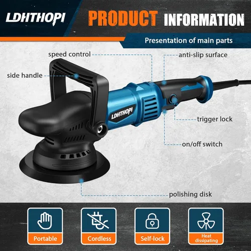 Miniatura 6 de LDHTHOPI Pulidora de doble acción, 980W 5/6 Pulgadas, 9MM, pulidora orbital aleatoria de 980W para detalles de automóviles, 2800-5800RPM, pulidora