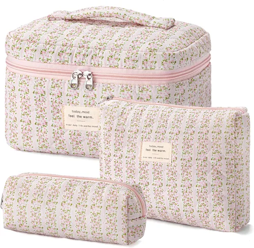 Miniatura 27 de HBselect Bolsa de maquillaje acolchada, 3 piezas de algodón grande, bolsa de maquillaje de viaje, bonita bolsa de maquillaje floral de coqueta