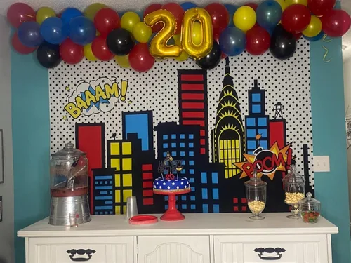 Miniatura 5 de Telón de fondo de superciudad de superhéroe, edificio de ciudad, tema de superhombres, fotografía para niños, recién nacido, baby shower, niño