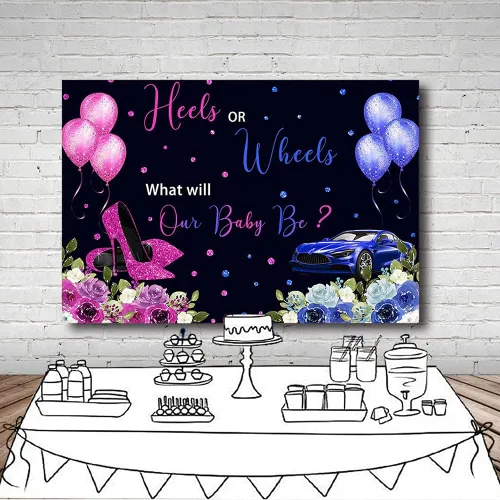 Miniatura 6 de MEHOFOND Talones o ruedas de 7 x 5 pies, fondo de revelación de género, globos fucsia o azul, sorpresa de género floral, baby shower, fiesta, mesa