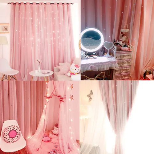 Miniatura 6 de UNISTAR - 2 paneles de cortinas opacas y transparentes con estrellas para dormitorio de niñas, niños, habitación de bebé, cortinas de doble capa