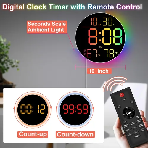 Miniatura 6 de QINFIEY Reloj de pared LED de 10 pulgadas con luz ambiental RGB, atenuación automática, pantalla de color/hora/fecha/temperatura/humedad, alarma