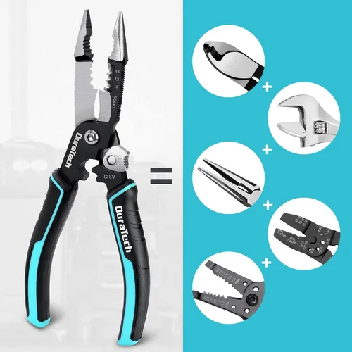 Miniatura 6 de DURATECH Pelacables 5 en 1, pelacables de 8 pulgadas y herramienta de prensado, construcción CR-V premium, alicates de punta de aguja, alicates