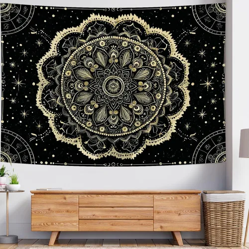 Miniatura 3 de Delur Tapiz de mandala negro y dorado, astrología, espacio, hippie bohemio, medallón floral, tapiz para colgar en la pared, estético, cabecero