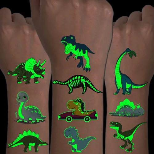 CHARLENT Tatuajes luminosos de dinosaurio para niños, 14 hojas de tatuajes temporales de dinosaurios que brillan en la oscuridad para niños y niñas,