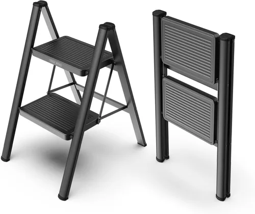 WOA WOA Escalera de 2 escalones, taburete plegable con pedales anchos, taburete portátil para adultos, escaleras de acero resistente para el hogar