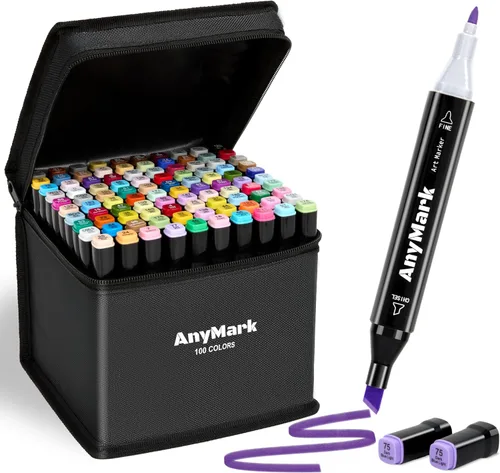 AnyMark Marcadores de alcohol, 100 colores de doble punta para adultos, dibujo de libros, bocetos, pintura, cincel y fino, negro