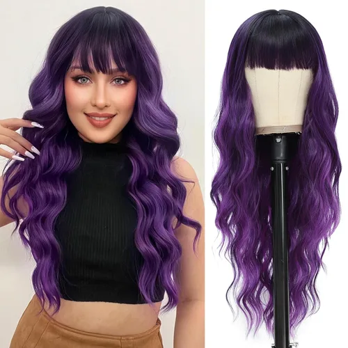 Miniatura 23 de NAYOO Pelucas marrones con flequillo para mujer, pelucas de cabello largo y ondulado, resistentes al calor, pelucas de fibra sintética para uso