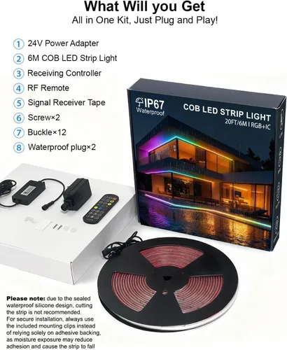 Miniatura 8 de Luces de tira LED COB, RGB Smart IC, IP67 Impermeable, Regulable 20FT/6M, Tira de luz con flujo de color con control de aplicación y sincronización