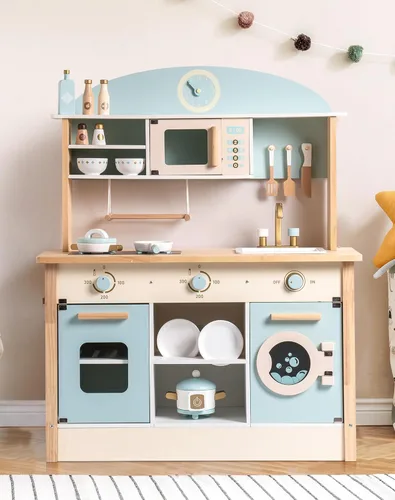 ROBOTIME Cocina de madera para niños, juego de cocina de juguete para niños, juego de cocina con muchas características de juego, juego de cocina