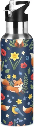 Insulated Water Bottle 32 Oz, Leakproof Water Bottles for Gym Outdoor Travel School, Cute Foxes Colorful Flowers