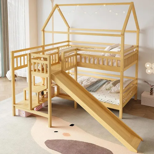 Miniatura 23 de JIVOIT Litera de madera con diseño de techo y ventanas, litera individual sobre individual con nido y escalera integrada para niños, adolescentes