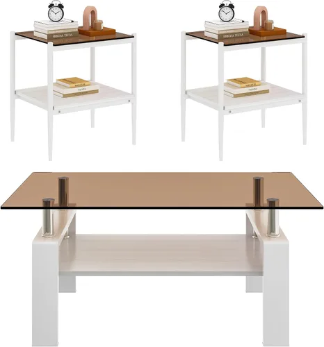 Miniatura 8 de Juego de 3 mesas auxiliares y mesas auxiliares de cristal moderno, juego de mesas de sala de estar con capa de madera de nogal, parte superior