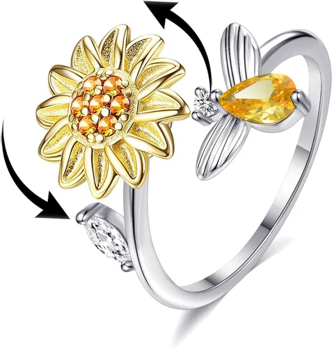 Akeoqi Anillos giratorios para la ansiedad, para aliviar el estrés, tamaño ajustable, diseño abierto, anillo giratorio con incrustaciones de