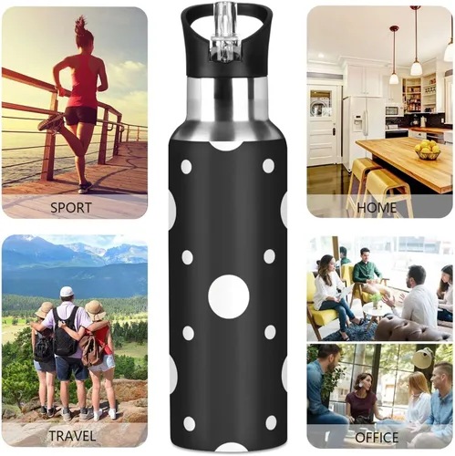 Miniatura 5 de White Polka Dots Black Insulated Water Bottle 20 Oz Leakproof Water Bottles, BPA-Free Sports Water Bottle with Straw