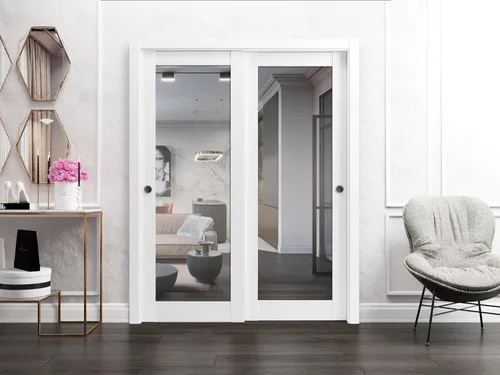 Miniatura 2 de SARTODOORS Lucia 1299 - Puertas correderas de derivación para armario, 36 x 80 pulgadas, seda blanca con espejo, juego de herrajes para molduras