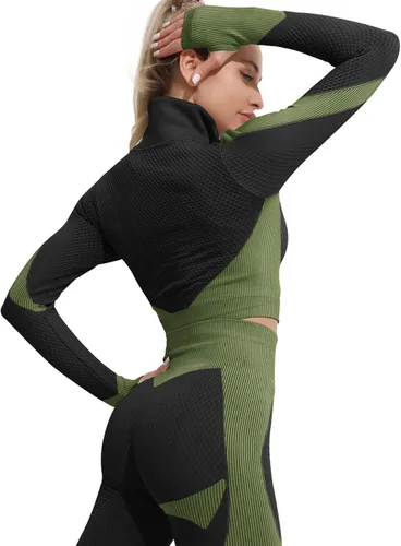 Miniatura 3 de Conjunto deportivo de 3 piezas para mujer, sin costuras, de manga corta, brasier deportivo, cintura alta, pantalones cortos de yoga, verde - 01