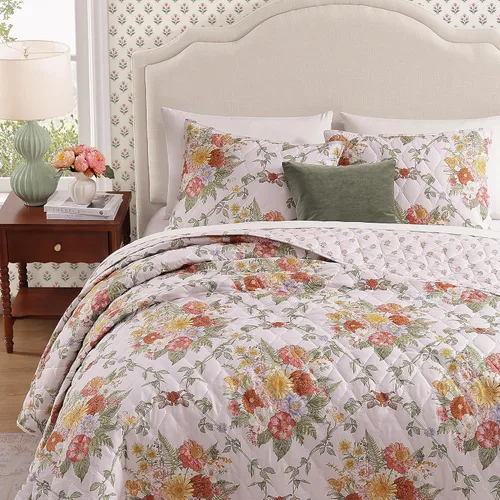 Miniatura 6 de WRENSONGE Juego de edredón floral tamaño Queen, colcha reversible de 3 piezas, ligera, suave, juego de ropa de cama con costuras de diamante