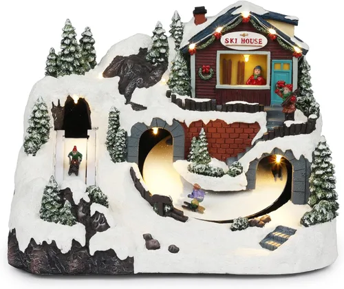 Miniatura 16 de Alpine Corporation Juego animado de invierno de 18 pulgadas de alto con 75 luces LED, música, tren móvil, decoración navideña de mesa Pueblo