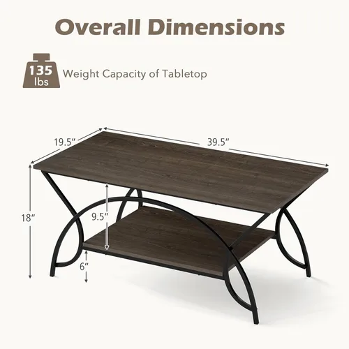 Miniatura 2 de GOFLAME Mesa auxiliar industrial, mesa central rectangular de 2 niveles con estante de almacenamiento, mesa decorativa con marco de metal arqueado