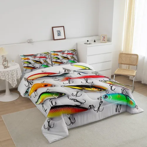 Miniatura 3 de Erosebridal Juego de ropa de cama de pesca tamaño individual, juego de edredón de peces coloridos para niños, adolescentes, hombres, pescadores