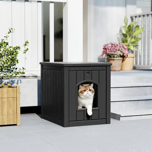 Miniatura 2 de Casa para gatos al aire libre resistente a la intemperie, casa de plástico para gatos exterior impermeable con puerta frontal abierta, refugio