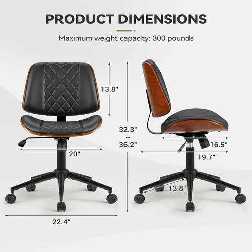 Miniatura 7 de JUMMICO Silla de escritorio de oficina sin brazos con ruedas, moderna silla de escritorio pequeña de cuero de nogal, altura ajustable, giro de 360°