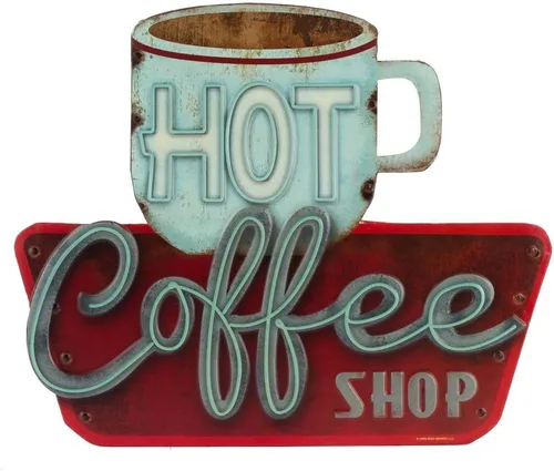 Hot Coffee Shop - Letrero de Metal en Relieve - Letrero Vintage de Cafetería para Cocina, Oficina o Bar de Café