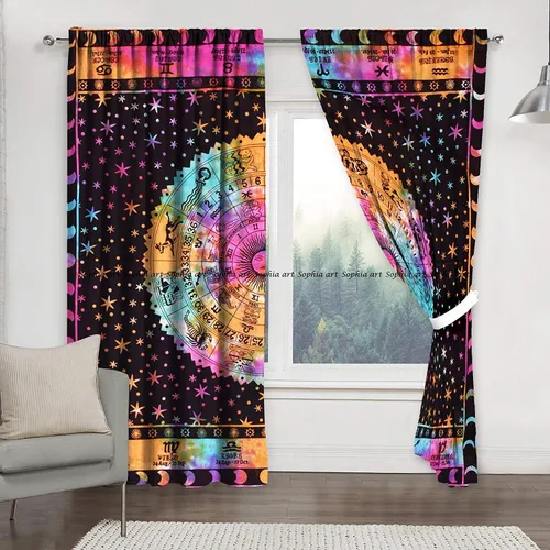 Miniatura 9 de Cortinas de ventana de mandala hippie indio, gitano, bohemio, sol, luna, hermosas cortinas para dormitorio, sala de estar, balcón, cenefa