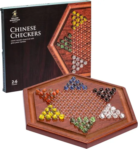 Yellow Mountain Imports Juego de mesa Halma de damas chinas de madera, 13.6 pulgadas, con 60 canicas de vidrio estilo pétalos de colores (0.630 in),