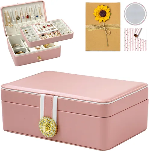 Uhelper Organizador de aretes para mujer, joyero grande de 2 capas con espejo, tarjeta de regalo hecha a mano y papel de regalo, soporte de joyería